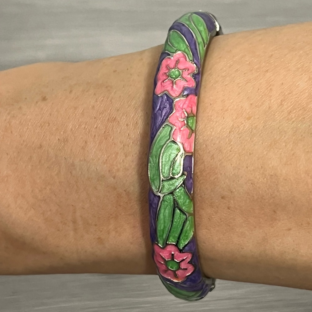 Vintage Silver & Enamel Hinged Bangle Bracelet, Purple w/ Pink & Green Flowers